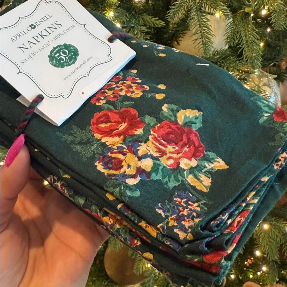 April Cornell table napkins set of 10 green floral rose new